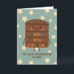 Grandson 9th Birthday Cute Custom Chocolate Cake Card<br><div class="desc">Celebrate your grandson's big day with this adorable 9th birthday card featuring a cute smiling choco cake character illustration, colourful sprinkles, and a cheerful “Happy Birthday” message. Set against a playful star background, this card is perfect for kids who love fun, silly, and sweet designs. Personalize it with the child’s...</div>