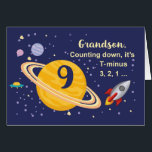 Grandson 9th Birthday Planets in Outer Space<br><div class="desc">Turning 9 is out of this world,  especially when it is your grandson! Rocket ship,  planets and stars fill in the front of the card with the message as you count down to say Happy Birthday!</div>