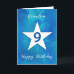 Grandson 9th Birthday Star Blue Green Watercolor Card<br><div class="desc">Your grandson is turning 9, and this vibrant birthday card is the perfect way to mark the occasion! With a beautiful watercolor background of blues and greens, the white star at the centre shines brightly, surrounded by radiating lines that symbolize his growing brightness and strength. A perfect way to remind...</div>