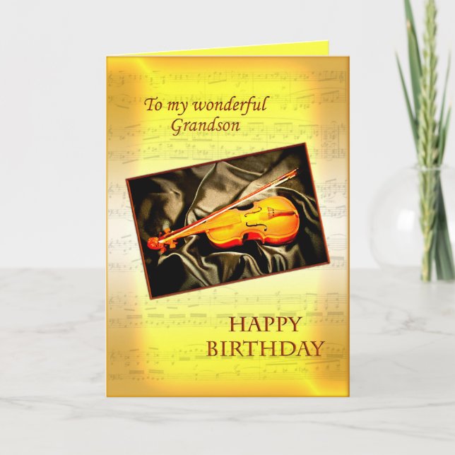 Grandson, a musical birthday card with a violin (Front)