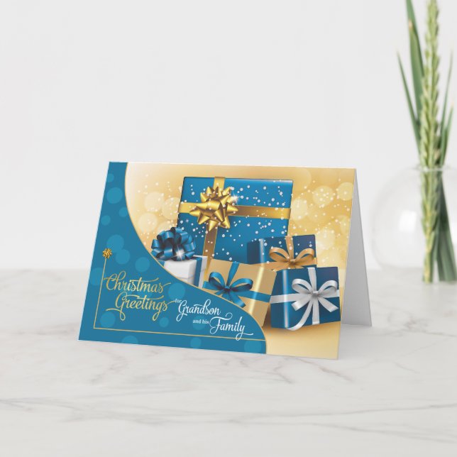 Grandson and Family Blue and Gold Christmas Gifts Holiday Card (Front)
