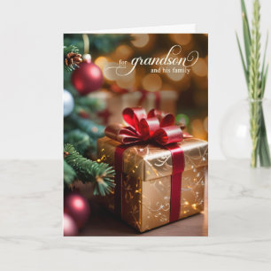 Grandson and Family Christmas Tree and Golden Gift Holiday Card
