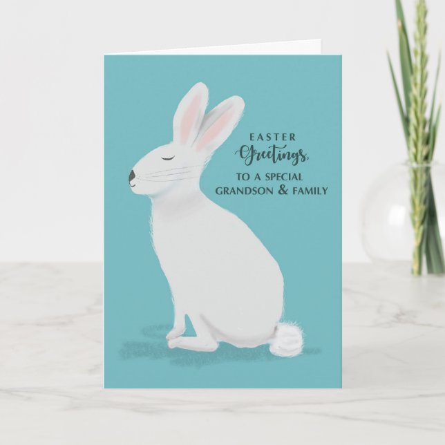 Grandson and Family Easter Greetings White Rabbit Card (Front)