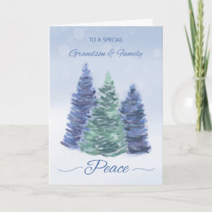 Grandson and Family Holiday Peace with Evergreen Card