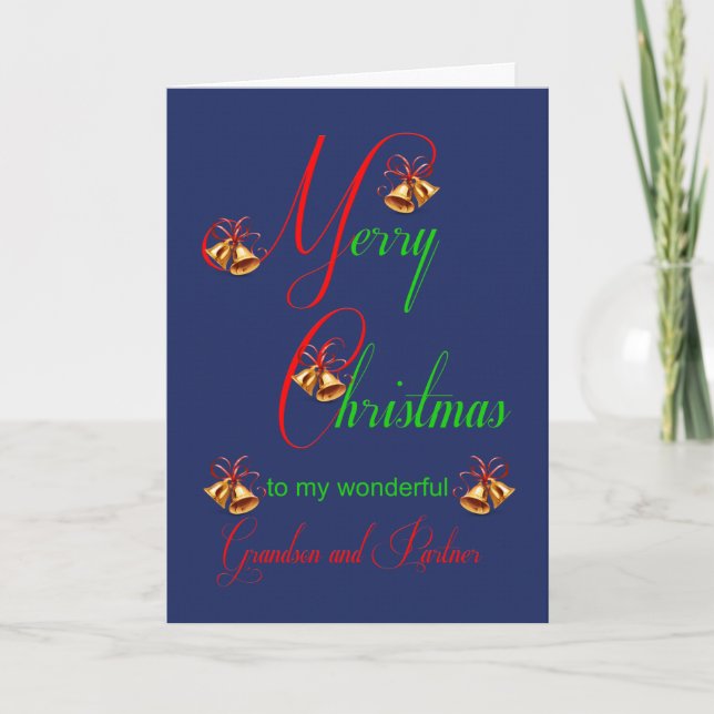 Grandson and Partner Christmas Scrolls Holiday Card (Front)