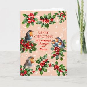 Grandson and Partner Robins and Holly Christmas Holiday Card