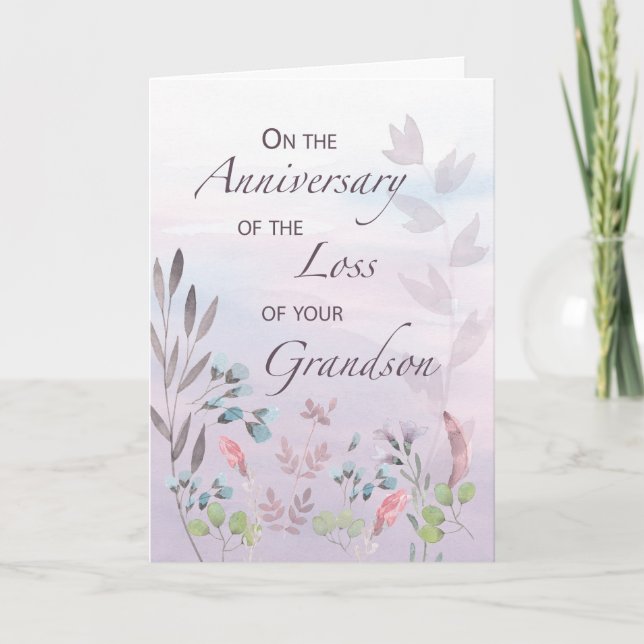 Grandson Anniversary of Loss Watercolor Florals Card (Front)