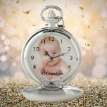 Grandson baby photo grandfather grandmother pocket watch<br><div class="desc">A gift or keepsake of a newborn baby,  grandfathers,  grandpa's first grandson.  Template for your own photo.  Black letters and the text: 1st Grandson. Modern hand lettered style script. Black clock numbers from 8 to 4.</div>