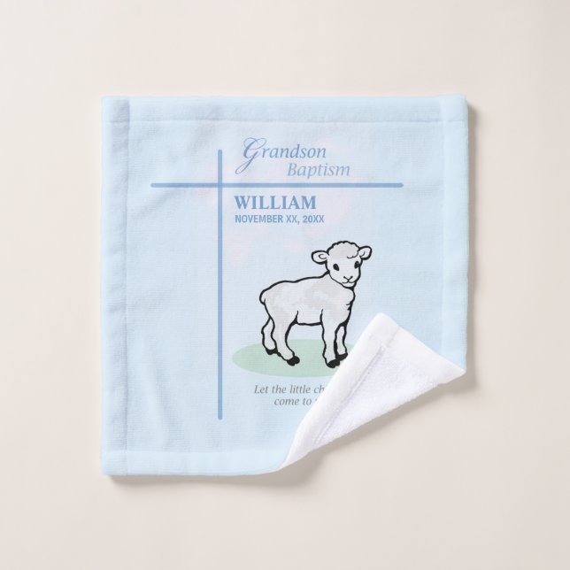 Grandson Baptême Agneau Bleu Personnalisé (Gant de toilette)
