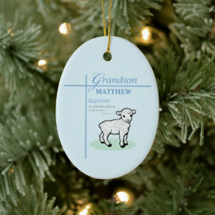 Grandson Baptism Blue Boy Lamb Personalized Ceramic Ornament