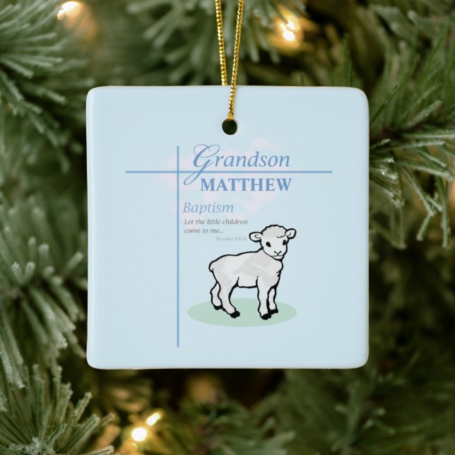 Grandson Baptism Blue Boy Lamb Personalized Ceramic Ornament (Tree)