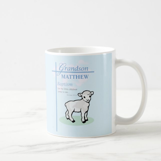 Grandson Baptism Blue Boy Lamb Personalized Coffee Mug (Right)