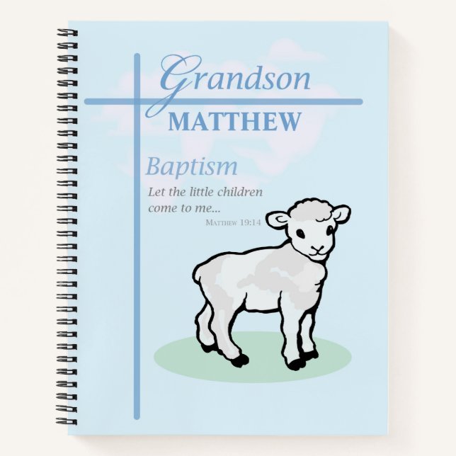 Grandson Baptism Blue Boy Lamb Personalized Notebook (Front)