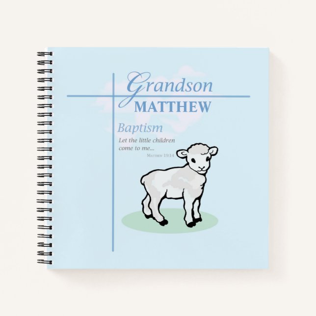 Grandson Baptism Blue Boy Lamb Personalized Notebook (Front)