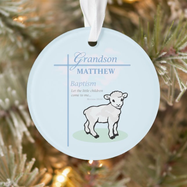 Grandson Baptism Blue Boy Lamb Personalized Ornament (Tree)