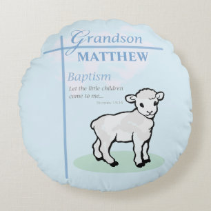 Grandson Baptism Blue Boy Lamb Personalized Round Pillow