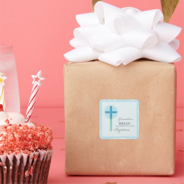 Grandson Baptism Blue Lace Personalized Square Sticker (Party)