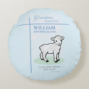 Grandson Baptism Blue Lamb Personalized Round Pillow