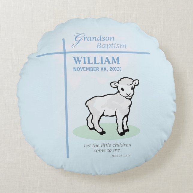 Grandson Baptism Blue Lamb Personalized Round Pillow (Front)