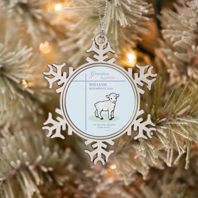 Grandson Baptism Blue Lamb Personalized Snowflake Pewter Christmas Ornament (Tree)
