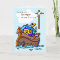 Grandson Baptism Card with Noah's Ark, Blue
