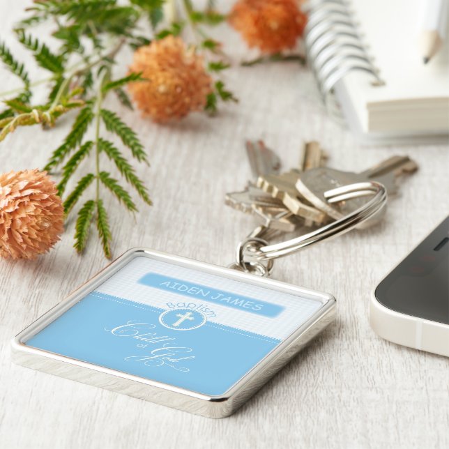 Grandson Baptism Congratulations Blue Child of God Keychain (Side)