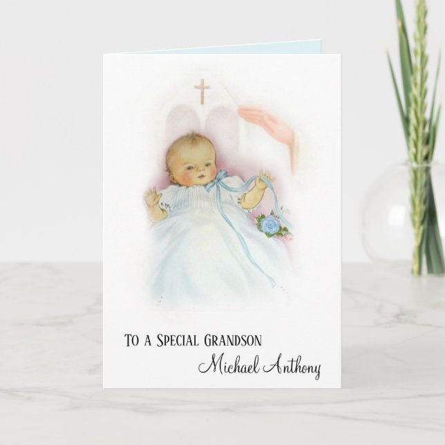 Grandson Baptismal Baby Boy Christening Blessing Card (Front)
