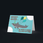 Grandson Big Shark Bite Happy Birthday Card<br><div class="desc">For the boy who loves sharks!  Here's a fun card that features an amusing White Shark with three party balloons.  Kind of cute with the look of shark bites in the corners.  (Card is not actually cut.)  Original whimsical art is © Penny Cork.</div>