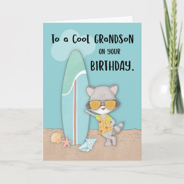Grandson Birthday Beach Funny Cool Raccoon Card (Front)