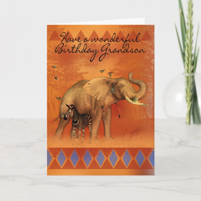 Grandson Birthday Card With Elephant Butterfly And (Front)