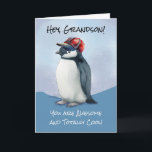 Grandson Birthday Cool Awesome Penguin Baseball Card<br><div class="desc">Celebrate your grandson's special day with this playful and charming birthday card! Featuring a cute penguin wearing a red and blue baseball hat, this watercolor design offers a lighthearted, cool vibe. The front text, "Hey Grandson, You Are Awesome and Totally Cool!" is sure to bring a smile to his face....</div>