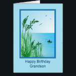 grandson Birthday Sea Fishing<br><div class="desc">A lovely sea fishing scene. A wonderful birthday card for a grandson who loves fishing, or just loves the sea. Tall grasses frame a view of a calm ocean with a small boat and a man fishing. The inside verse has the fisherman's good luck wish 'tight lines'.</div>