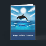 Grandson Birthday with Orca Whale in Ocean Card<br><div class="desc">An orca whale is leaping out of the blue and green ocean. Wish your grandson a whale of a good time as he celebrates. Perfect for many ages, as boys often like the ocean and undersea world. The water is filled with waves and swirls as the sun shines brightly. Teens,...</div>