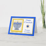 Grandson Chanukah Contemporary Menorah Card<br><div class="desc">Happy Chanukah Dearest Grandson,  contemporary menorah with blue candles,  paper greeting card. Digital illustration with a lit menorah and a Star of David. Art,  image,  and verse copyright © Shoaff Ballanger Studios,  2024.</div>