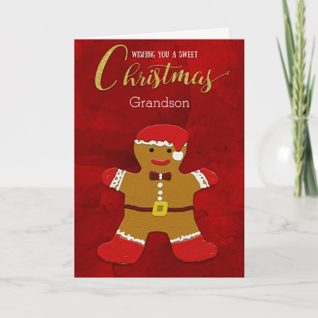 Grandson Christmas Gingerbread Man Santa Holiday Card (Front)