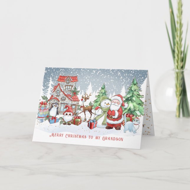 Grandson Christmas Santa Snowman Rudolph Card (Front)