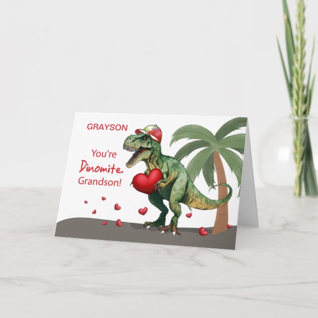 Grandson Custom Name Valentine Dinosaur Card (Front)