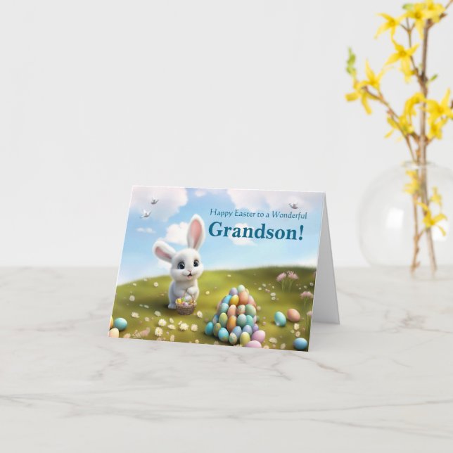 Grandson Cute Easter with Easter Bunny Card (Yellow Flower)