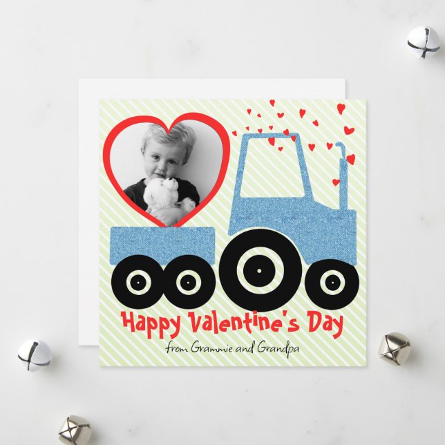 Grandson Cute Farm Heart Boy Valentine's Day Photo Holiday Card (Front/Back In Situ)