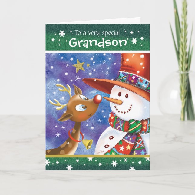 Grandson, Cute Reindeer and Snowman Holiday Card (Front)
