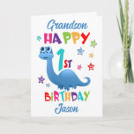 Grandson Dinosaur 1st Birthday Card<br><div class="desc">A special 1st birthday card for your grandson! This bright fun first birthday card features a blue dinosaur, some pretty stars and colourful text. A cute design for someone who will be one year old. Add the 1st birthday child's name to the front of the card to customize it for...</div>