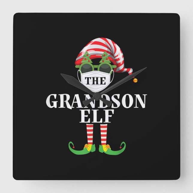 Grandson Elf Matching Christmas Square Wall Clock (Front)