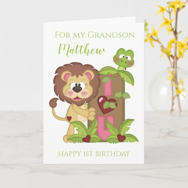 Grandson First Birthday Cute Lion Photo Card (Yellow Flower)