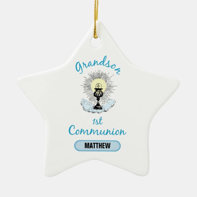 Grandson First Communion, Blue Cup Ceramic Ornament (Front)