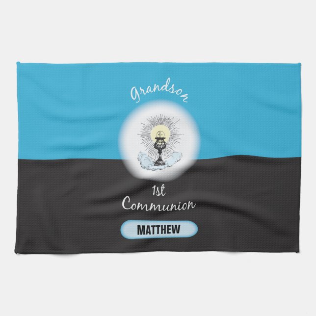 Grandson First Communion, Blue Cup Kitchen Towel (Horizontal)