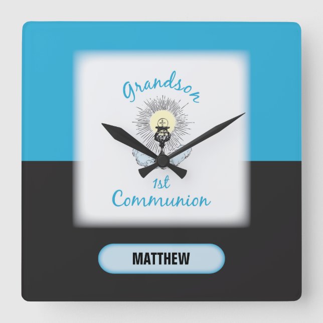 Grandson First Communion, Blue Cup Square Wall Clock (Front)