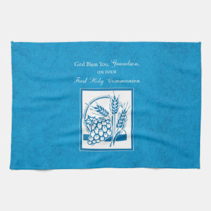 Grandson First Communion Blue, Wheat, Grapes Kitchen Towel