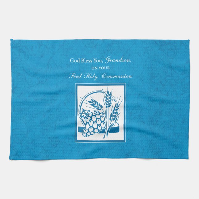 Grandson First Communion Blue, Wheat, Grapes Kitchen Towel (Horizontal)