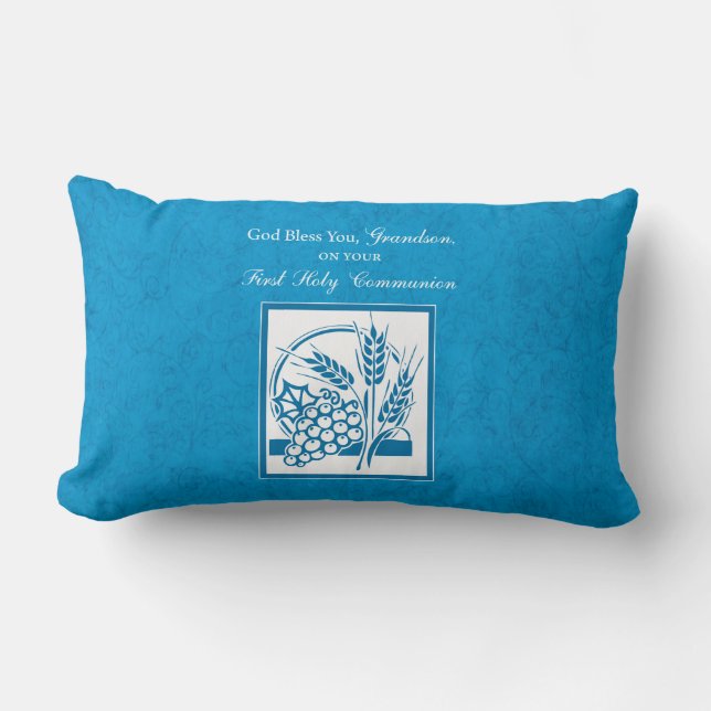 Grandson First Communion Blue, Wheat, Grapes Lumbar Pillow (Front)
