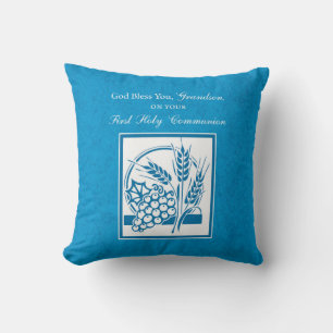 Grandson First Communion Blue, Wheat, Grapes Throw Pillow